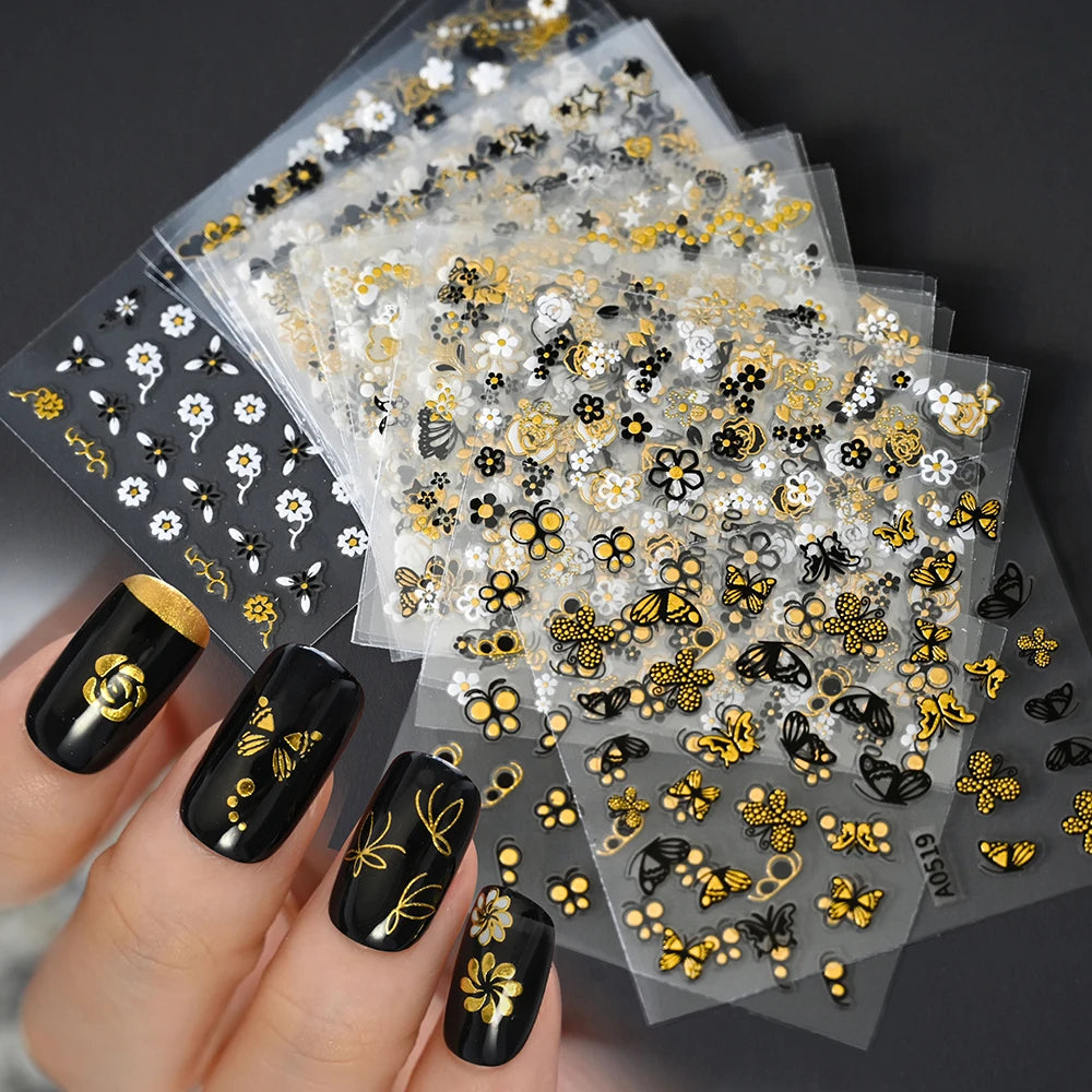 3D Gold Bronzing Moon Star Nail Stickers 20/30pcs Metallic Geometry Line Nail Decals Adhesive Metallic Laser Manicure Slider 6cm