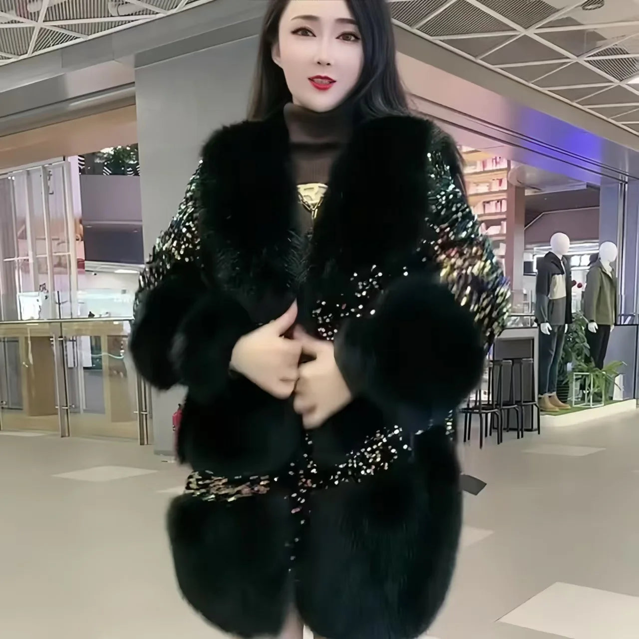 Faux Fur Coats for Women,Covred ButtonJackets,Spliced Overcoat,Female Clothes,Sequins,Thicken Warm,Luxury,New ,Winter,2025